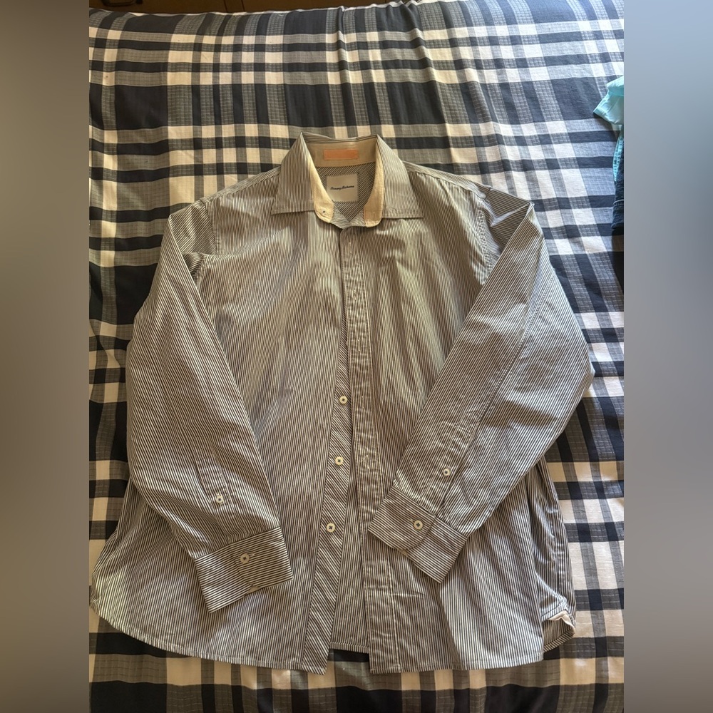 Tommy Bahama Navy and Cream Striped Shirt